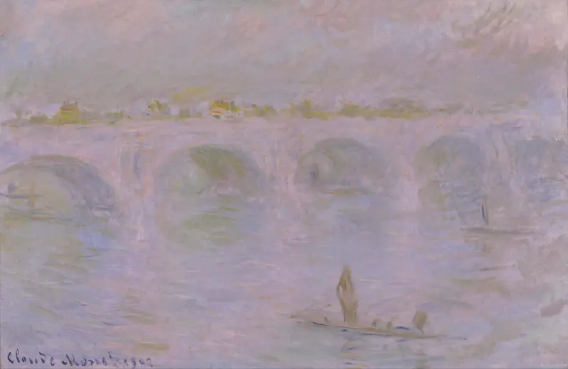 A pale violet haze envelops Waterloo Bridge in London, shown with broad arches over shimmering water and a small boat with a single figure in the foreground.