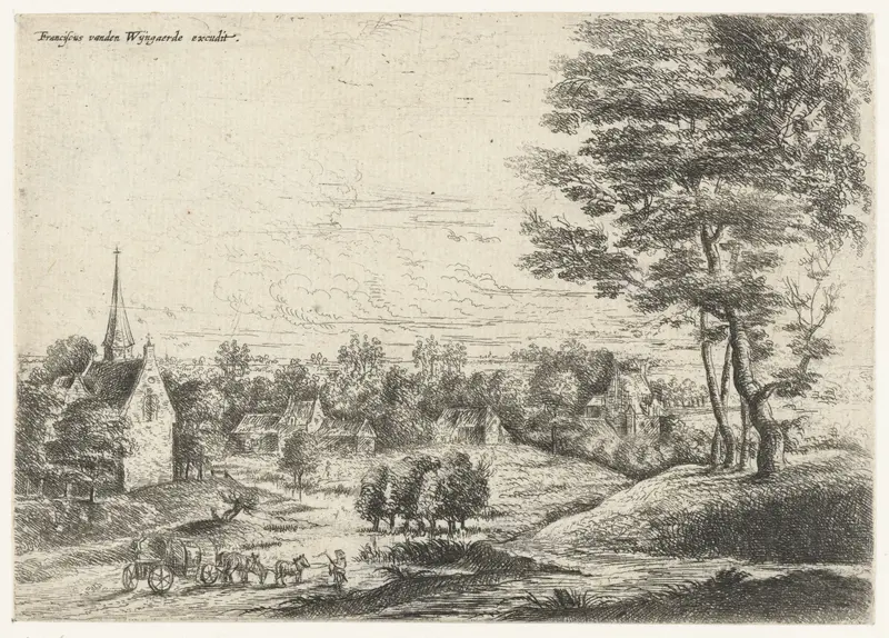 Etching by Lucas van Uden depicting a rural village scene with a huifkar