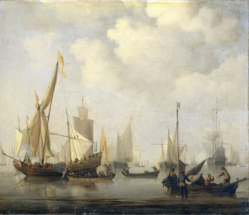 A Calm at Sea, oil painting by Willem van de Velde the Younger, depicting ships on calm waters.