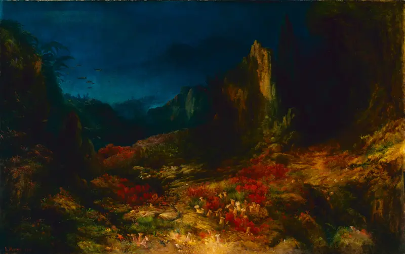 Oil painting of turbulent sea waves crashing against rocky cliffs by Edward Moran