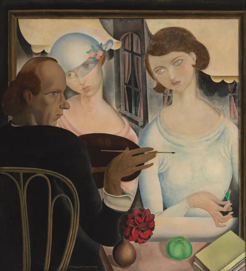 Two figures sit at a table, sharing a moment over liqueur, captured in a somber atmosphere.