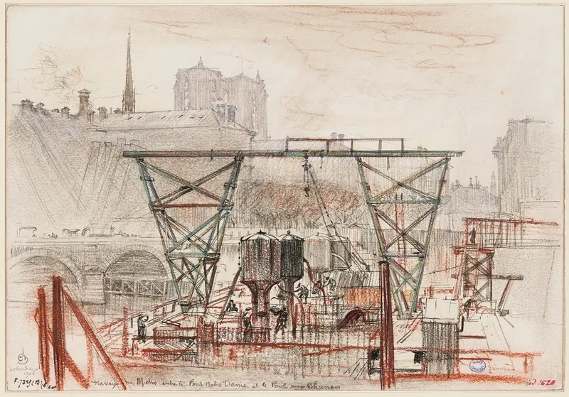 Genre scene depicting workers in Paris, watercolor on paper by Charles Jouas.
