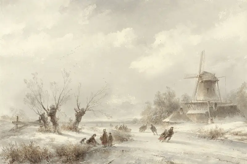 Winter landscape with skaters by Lodewijk Johannes Kleijn, oil on canvas