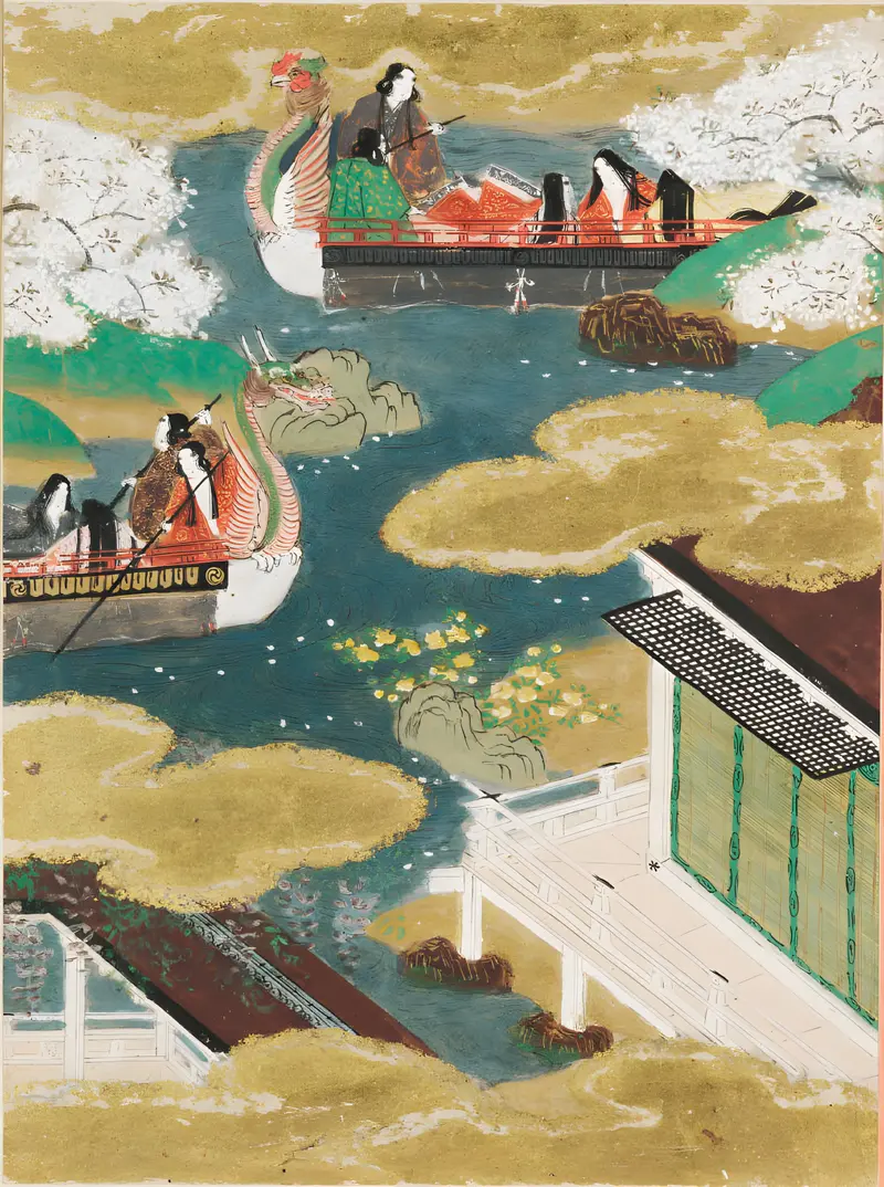 Colorful butterflies by Tosa Mitsunobu, gold medium, against a muted background.