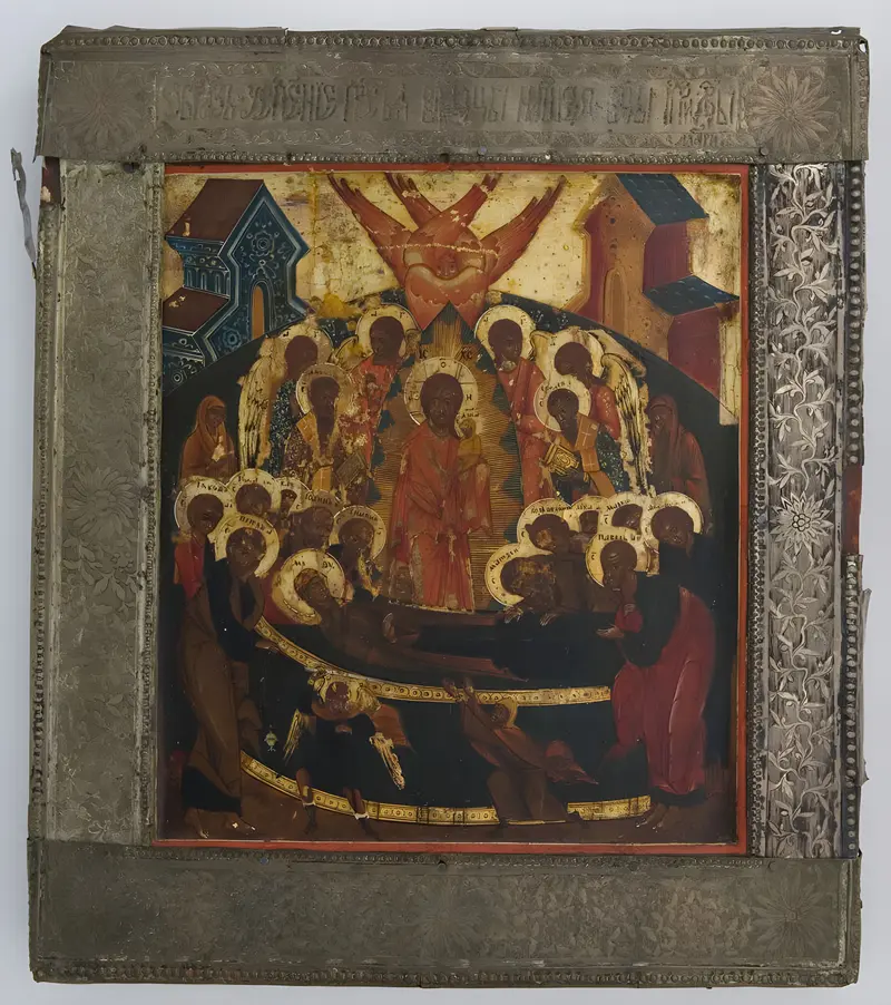 Dormition of the Virgin, wood medium, by an unidentified artist, featuring the Virgin surrounded by light.