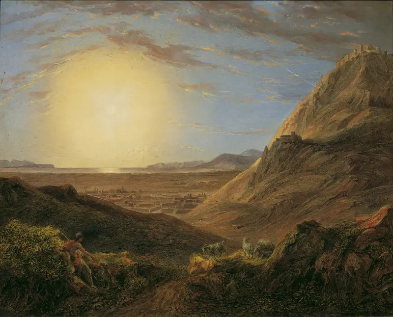 Athen nach Sonnenaufgang by Karl Joseph Aloys Agricola, oil on canvas depicting a tranquil river at dawn.