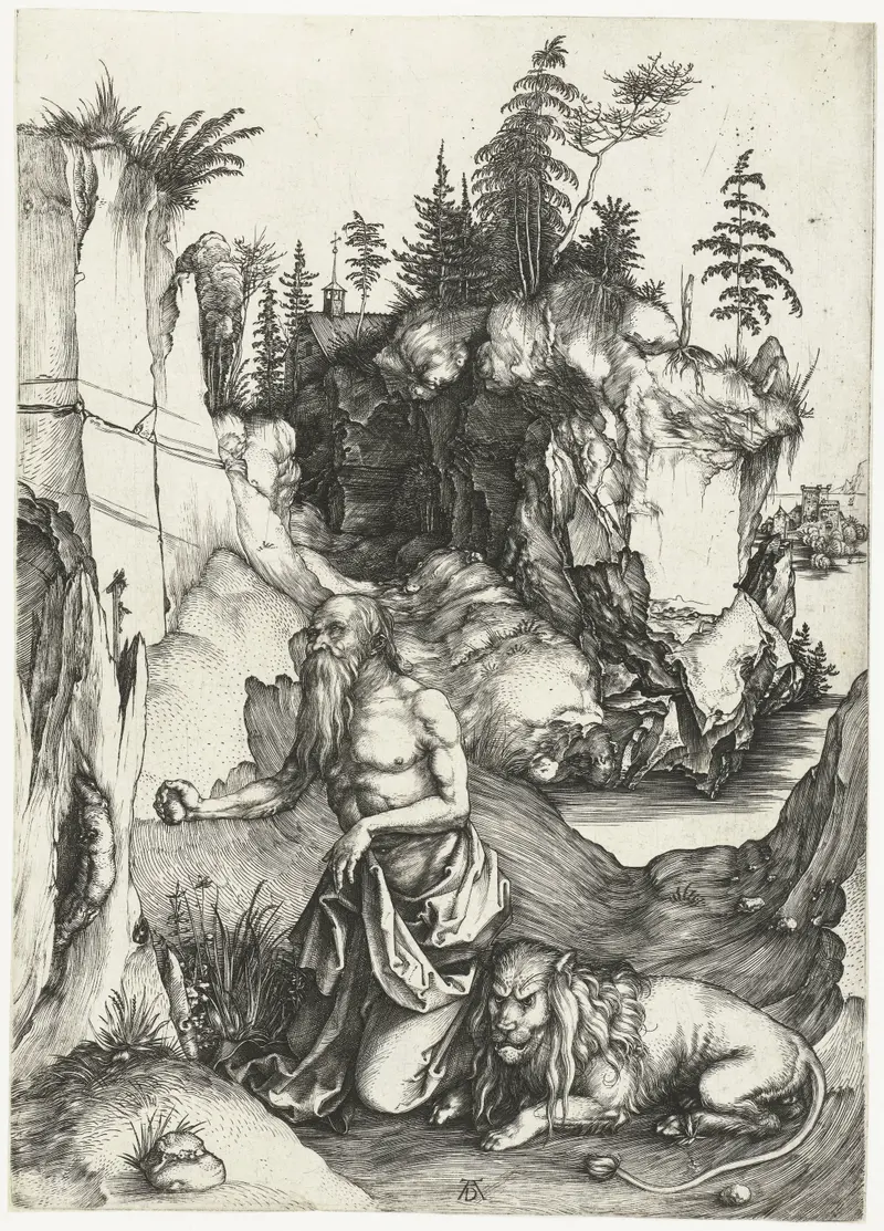 Albrecht Dürer's 'St. Jerome in Penitence' depicts the saint in a moment of reflection.