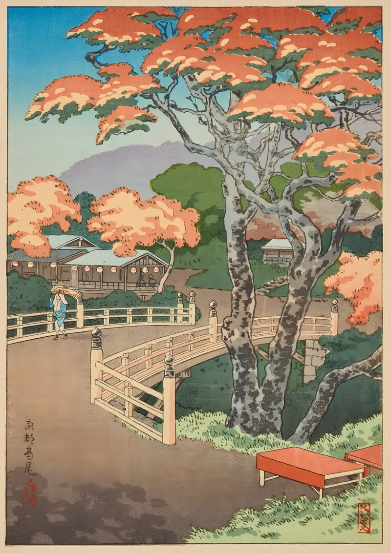 Ukiyo-e landscape by Tsuchiya Kōitsu featuring a tranquil river and forest
