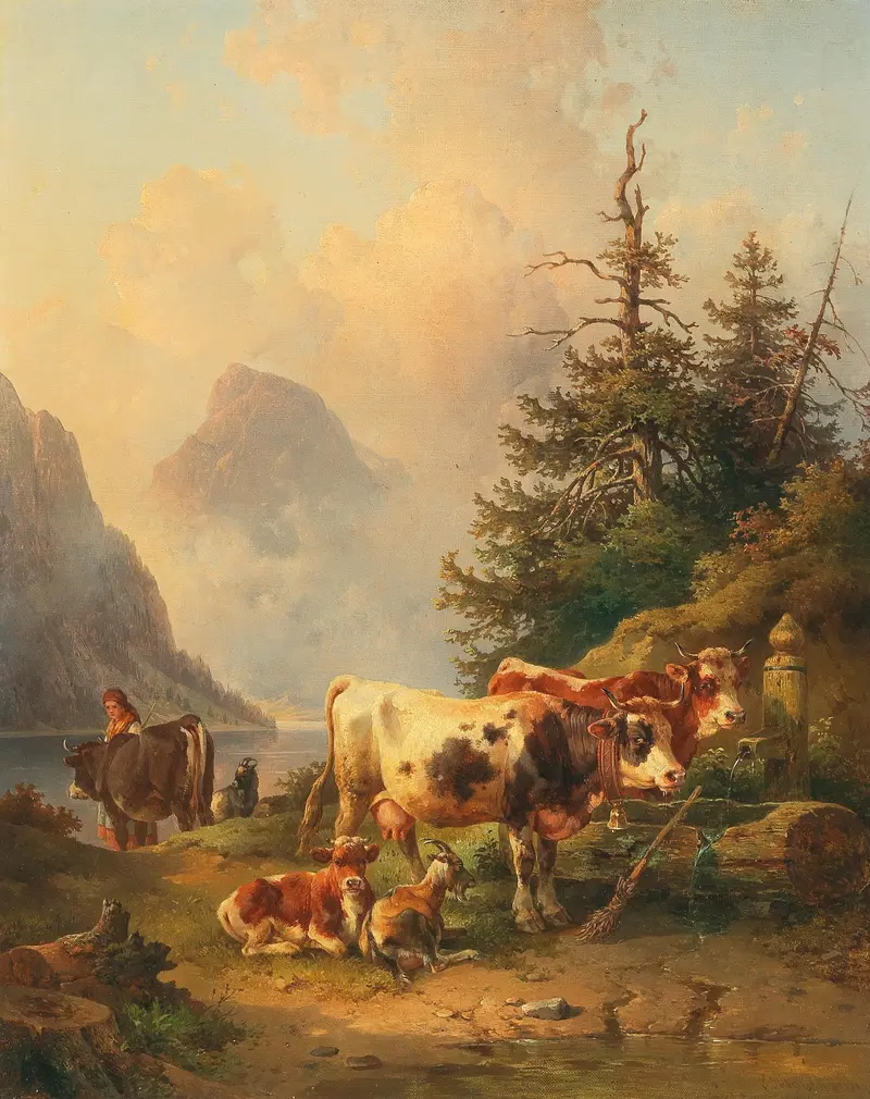 Herd of animals and a shepherdess by Edmund Mahlknecht, oil on canvas