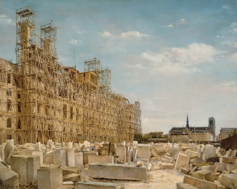 L’hôtel de Ville en Reconstruction, oil on canvas by Paul-Joseph-Victor Dargaud, depicting a city hall under construction.