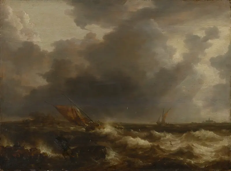 Stormy Sea by Bonaventura Peeters the Elder, oil painting depicting tumultuous waves and dark clouds