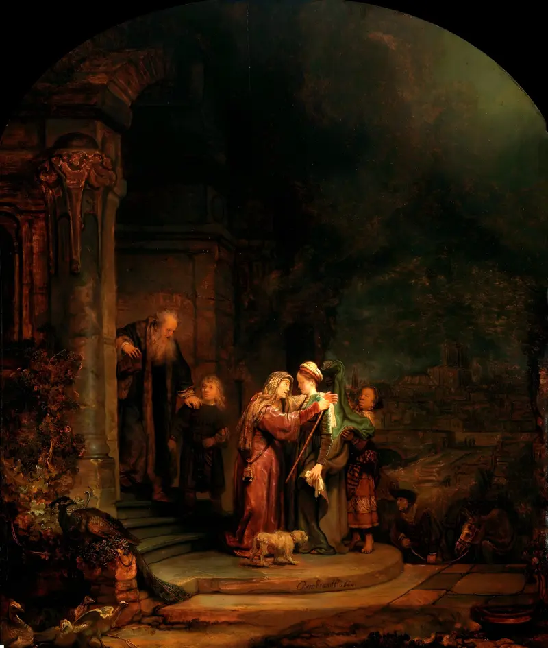 Rembrandt's 'The Visitation' depicts a moment of joyful encounter between two biblical figures.