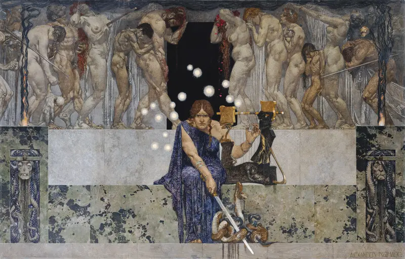 A figure with a sword stands against a dark backdrop, surrounded by contorted bodies and spectral orbs.