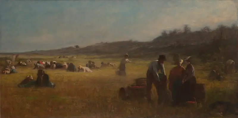 Cranberry Pickers by Eastman Johnson depicts workers in a cranberry bog.
