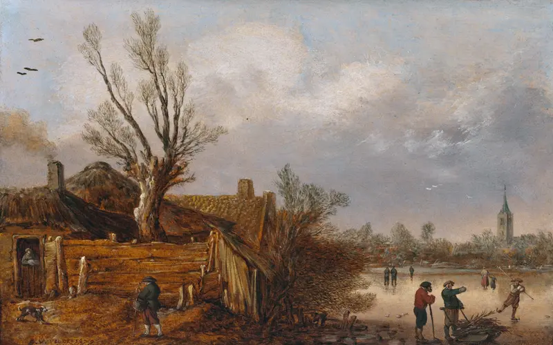 Cottages and Frozen River by Esaias van de Velde, oil painting depicting a winter landscape.