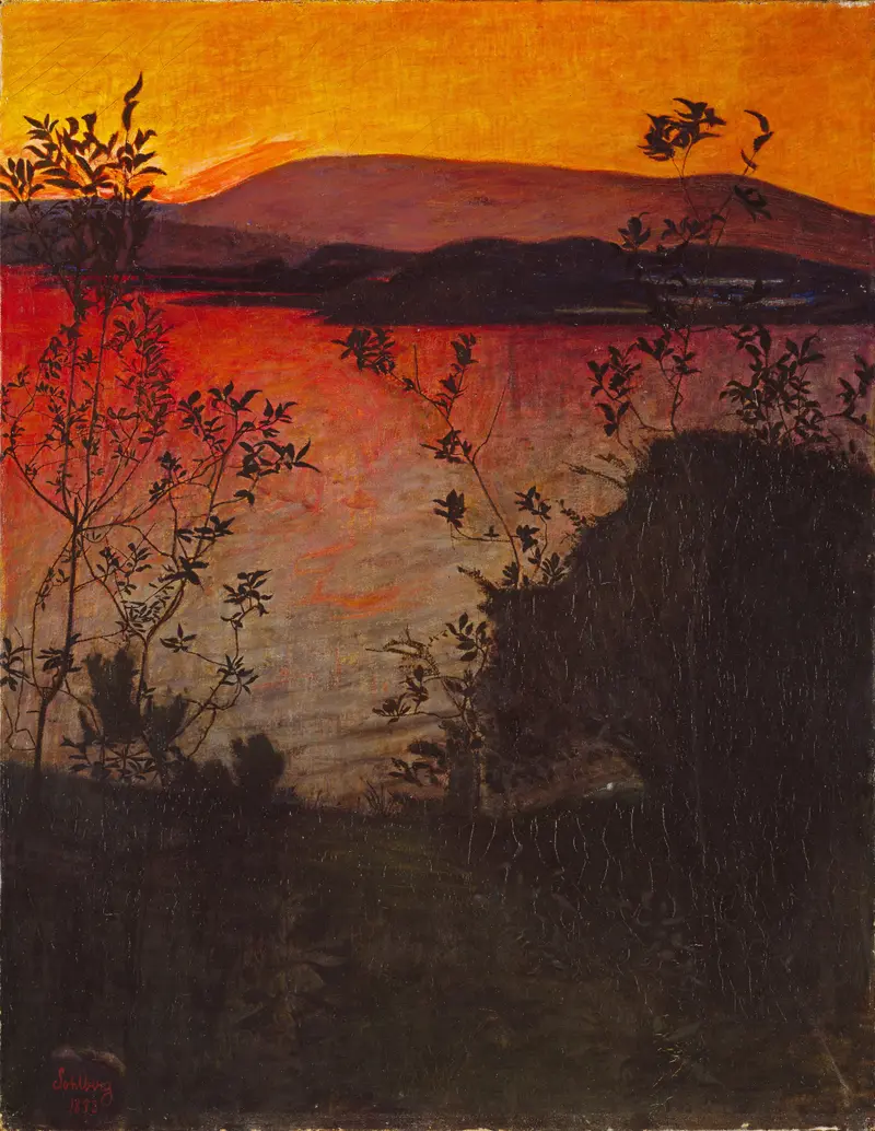 Evening Glow by Harald Sohlberg, oil on canvas depicting a twilight landscape.