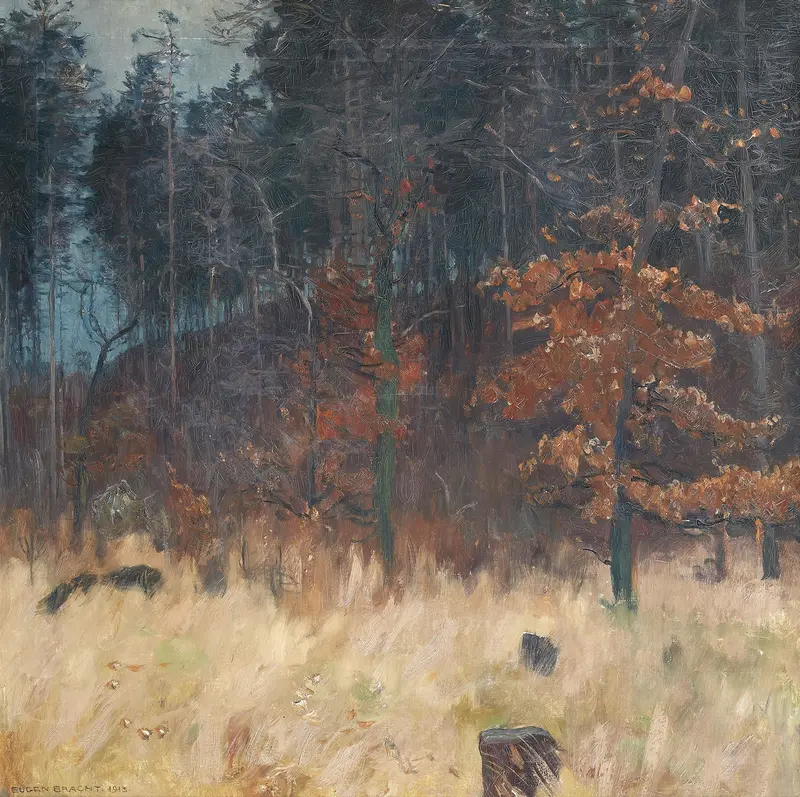 Autumn forest scene with amber leaves, oil on canvas by Eugen Bracht