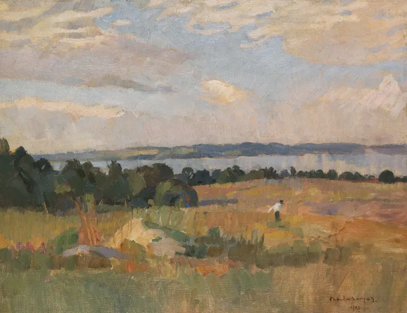 Autumn landscape with trees and lake, oil on canvas by Christian Landenberger