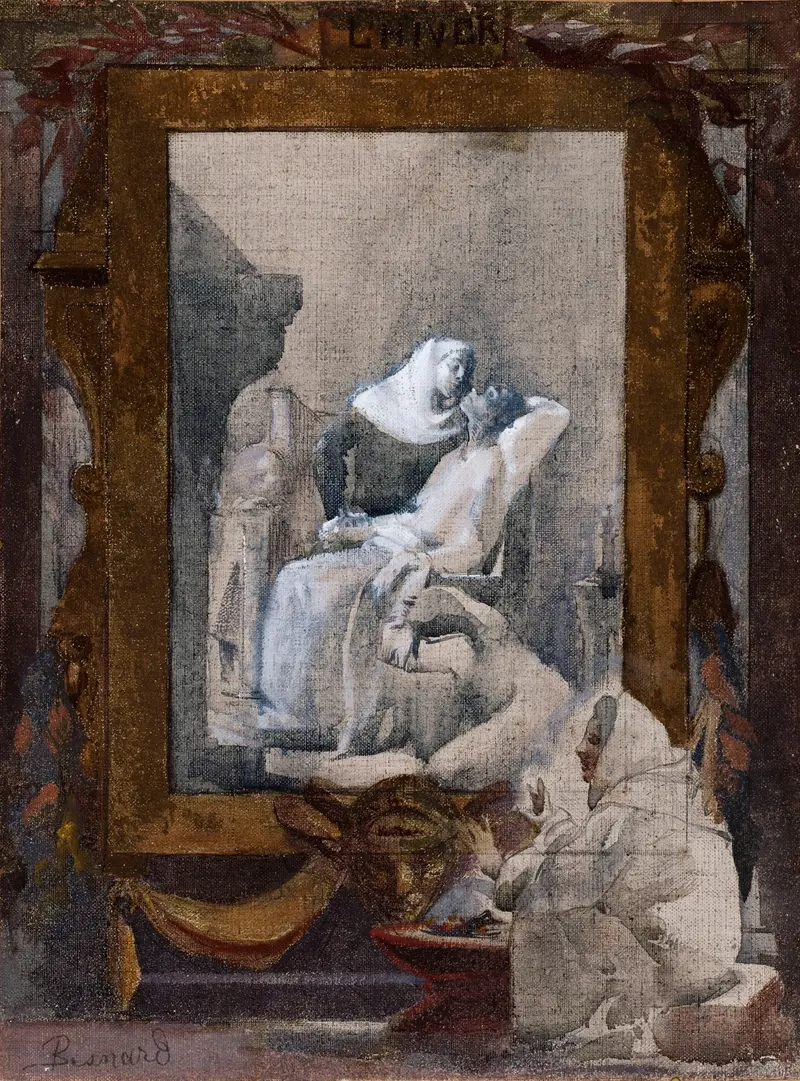 A nun comforts a reclining patient in a winter scene, with a cloaked figure tending a brazier nearby.