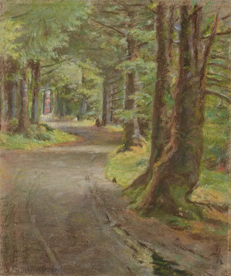 Landscape depicting a river walk through a forest by Theodore J. Richardson, 19th century