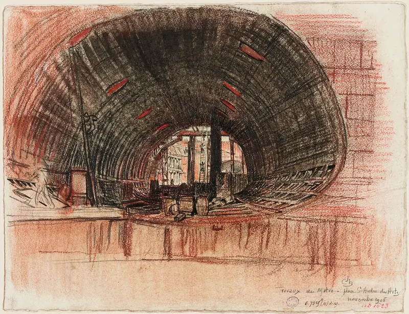 Workers at metro construction in watercolor by Charles Jouas