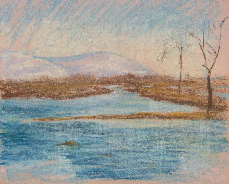Winter Landscape by Ladislav Mednyánszky, oil painting of a snow-covered landscape with rolling hills.
