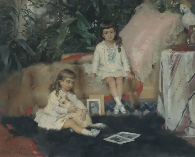 A portrait of two young boys in historical attire.