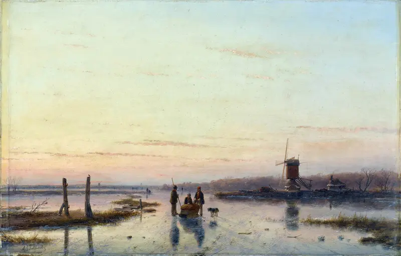 Windmill beside a frozen river, oil on canvas by Andreas Schelfhout