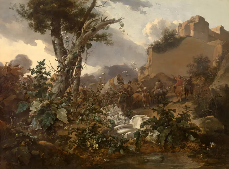 Cavalry battle in an Italian landscape, oil on canvas by Nicolaes Pietersz Berchem