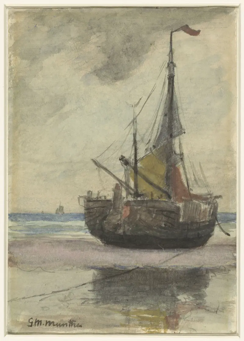 Fishing boat on the beach with reefed sail, oil on canvas by Gerhard Munthe