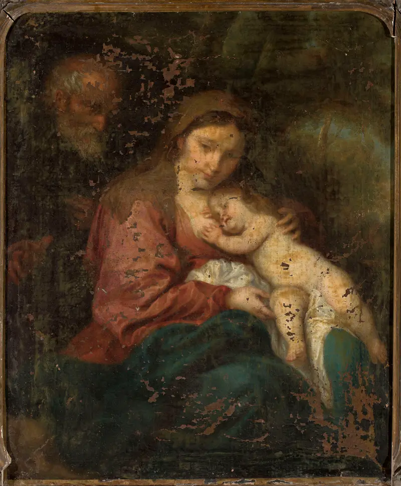 A tender depiction of the Holy Family with Mary, Joseph, and the infant Christ.