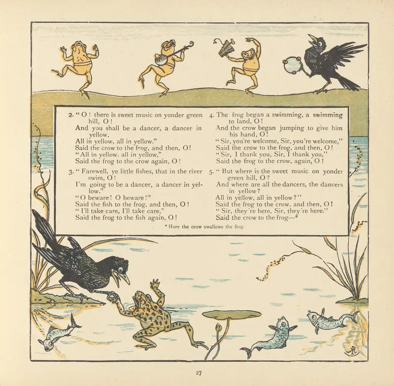 A whimsical illustration featuring a frog and a crow.