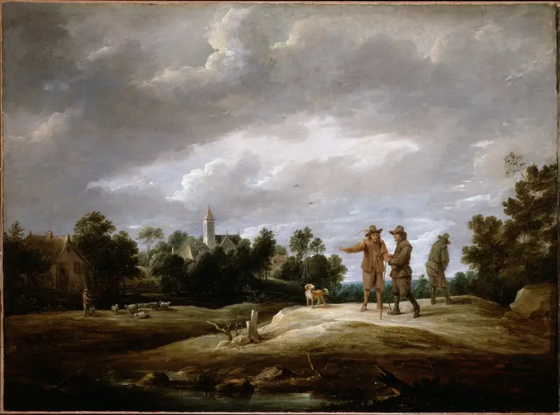 Two peasants conversing in an oil on canvas by David Teniers the Younger