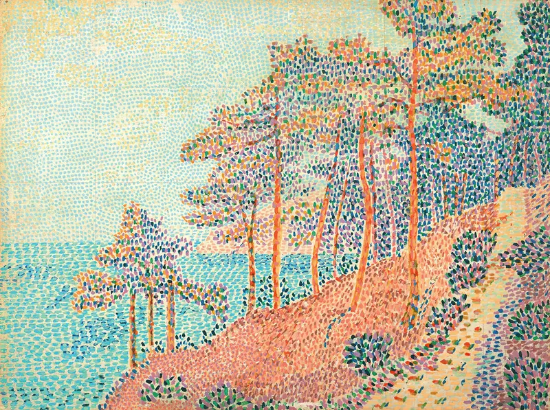 Landscape oil painting by Henri Person featuring a path leading to the sea
