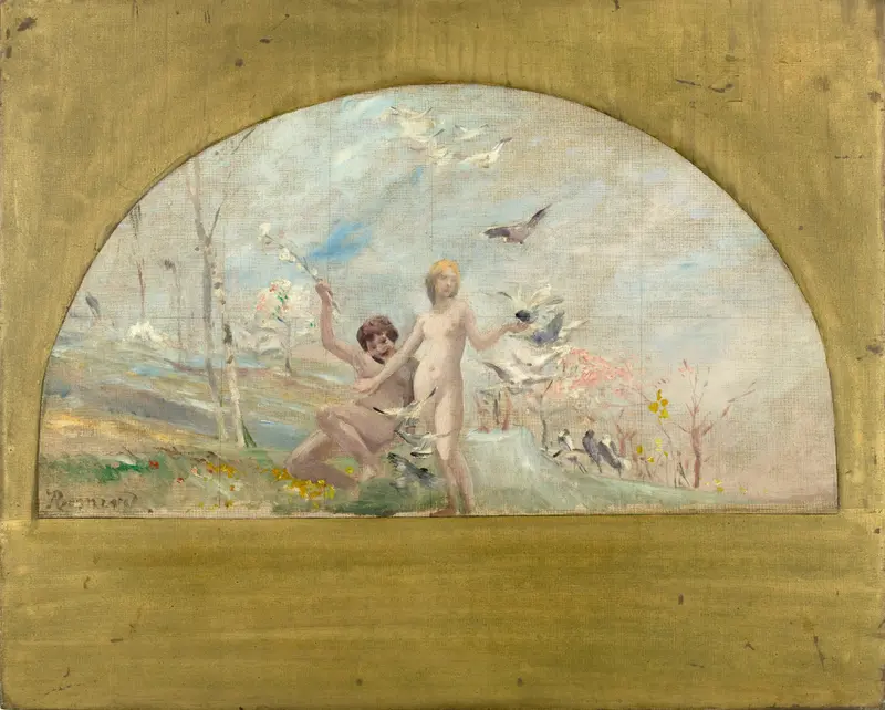 Two youthful figures rise with the dawn, surrounded by blossoming trees and birds.