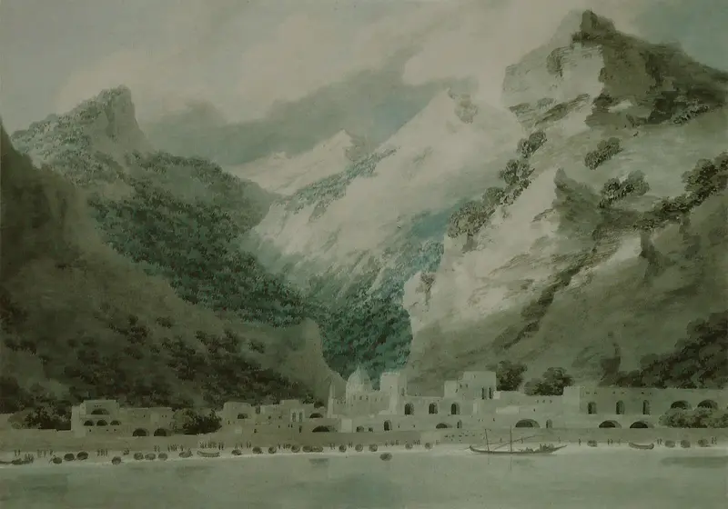 Watercolour by John Robert Cozens depicting a coastal village by the Gulf of Salerno