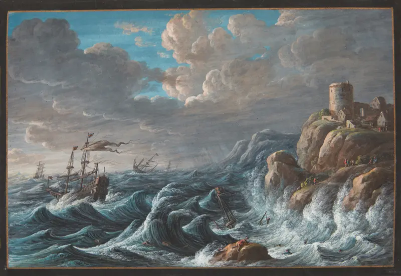 Marine scene with ships in stormy waters by Margaretha Barbara Dietzsch, oil painting