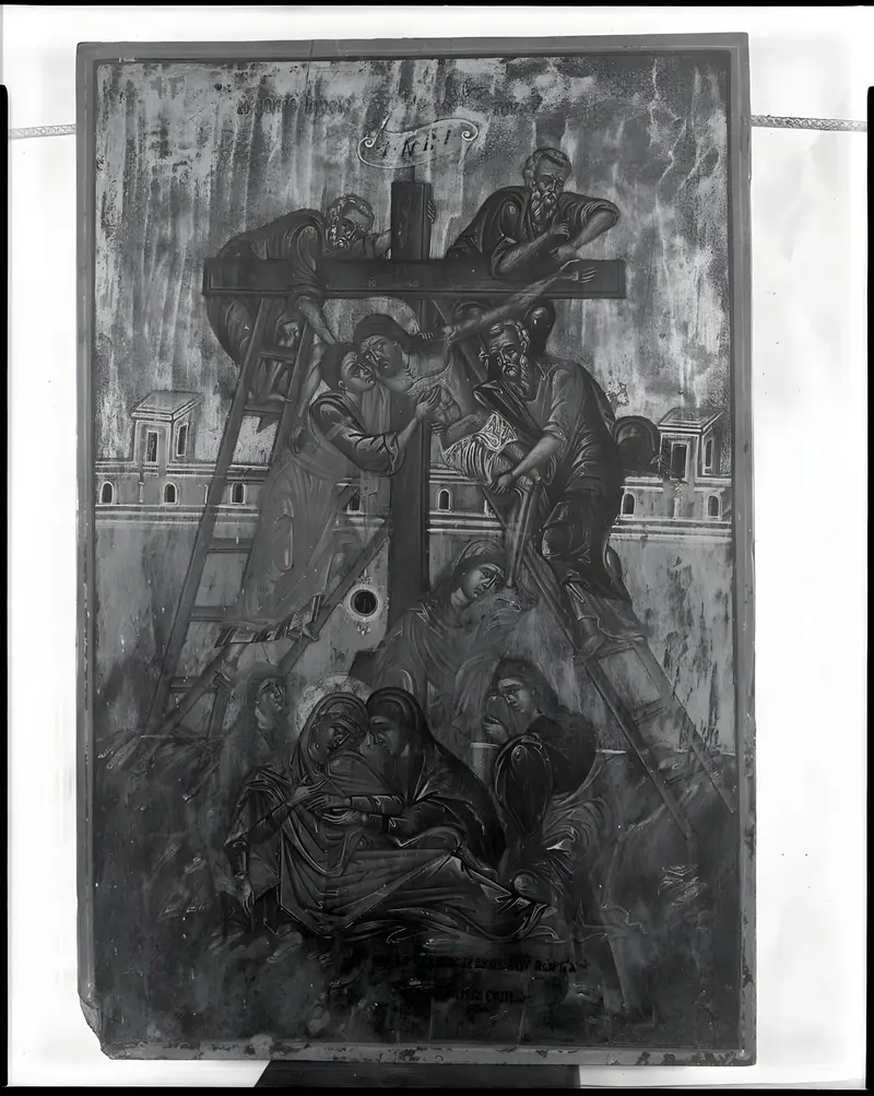 Deposition, oil on panel by an unidentified artist, depicting figures in grief and devotion.
