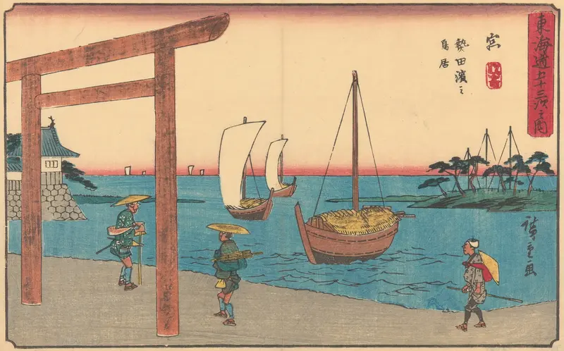 Ukiyo-e landscape by Utagawa Hiroshige, featuring gentle blues and greens