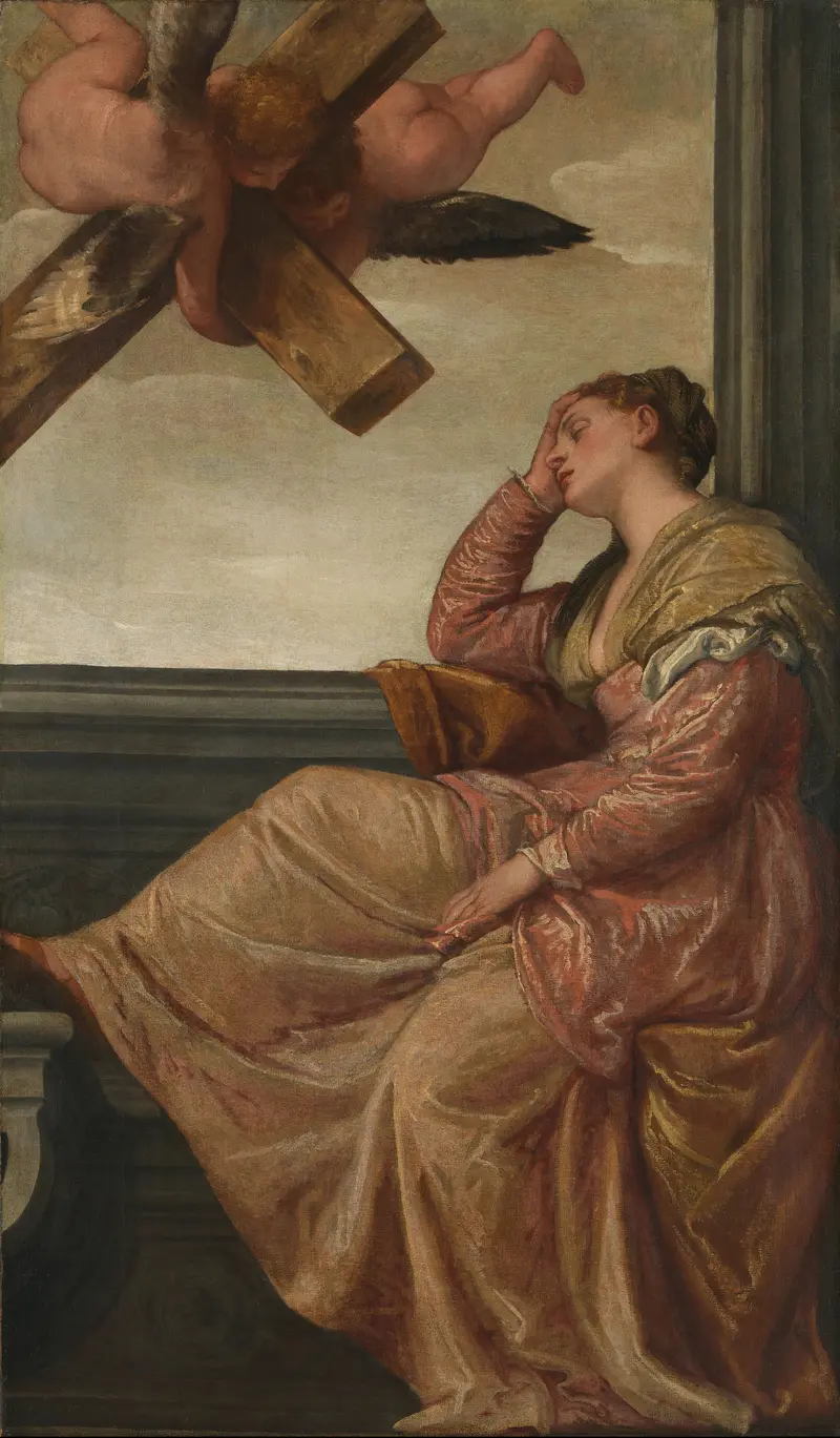 The Dream of Saint Helena by Paolo Veronese depicts Helena in a serene sleep with an angel guiding her vision.