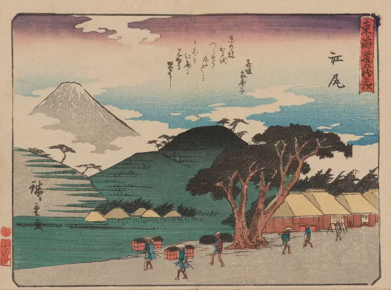 Woodblock print by Utagawa Hiroshige depicting a tranquil landscape with hills, a river, and clouds.