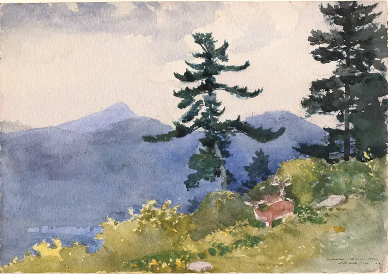 North Woods Club, Adirondacks by Winslow Homer, oil on canvas, two figures by a lake