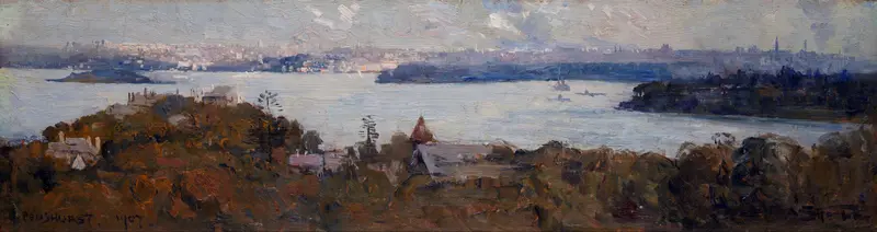 Sydney Harbour from Penshurst by Arthur Streeton, oil painting depicting water and sky