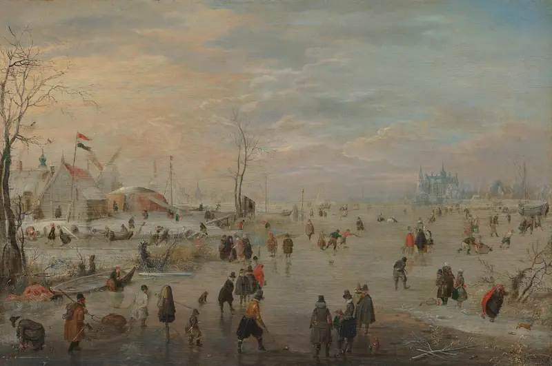 Genre scene of ice skating in winter by Hendrick Avercamp, oil on panel