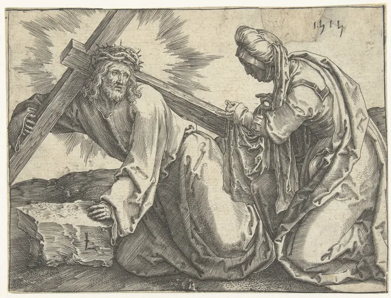 Engraving by Lucas van Leyden depicting the crucifixion with light and figures