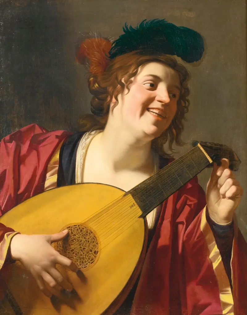 A woman tuning a lute, showcasing the intimate atmosphere of domestic life.