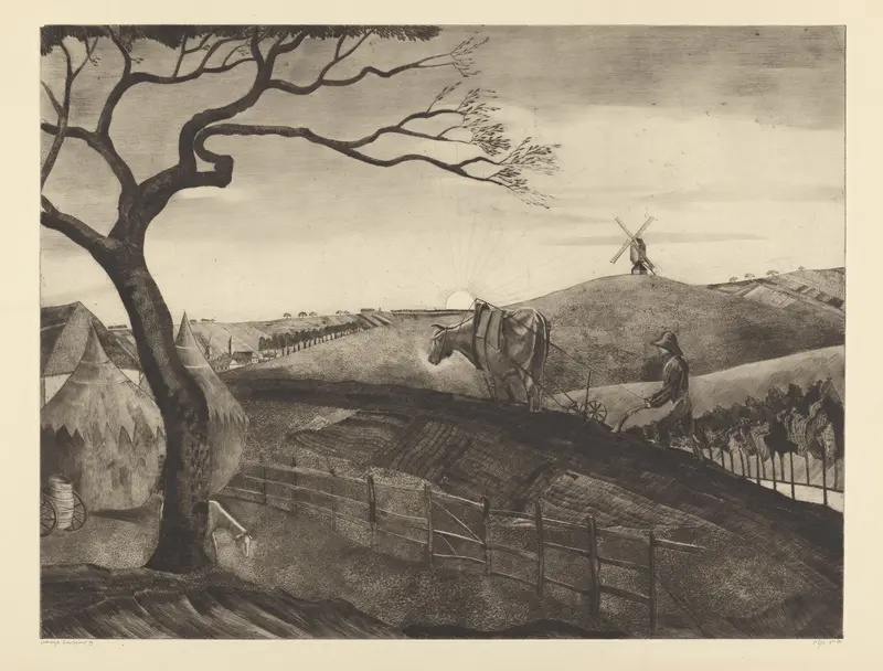 Oil painting by Lodewijk Schelfhout of a farmer with an ox in a sunlit field