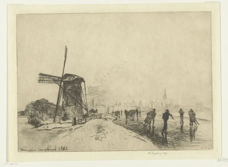 Landscape etching by Johan Barthold Jongkind depicting twilight over water
