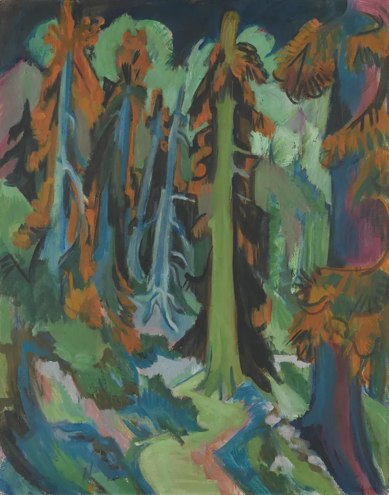 A winding path through a vibrant forest with twisting fir trees and an unnaturally colored sky.
