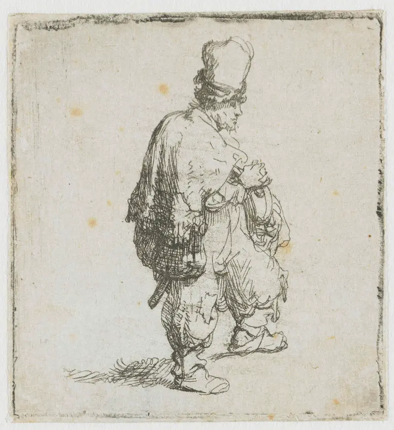 A standing hurdy-gurdy player, etching by Rembrandt van Rijn